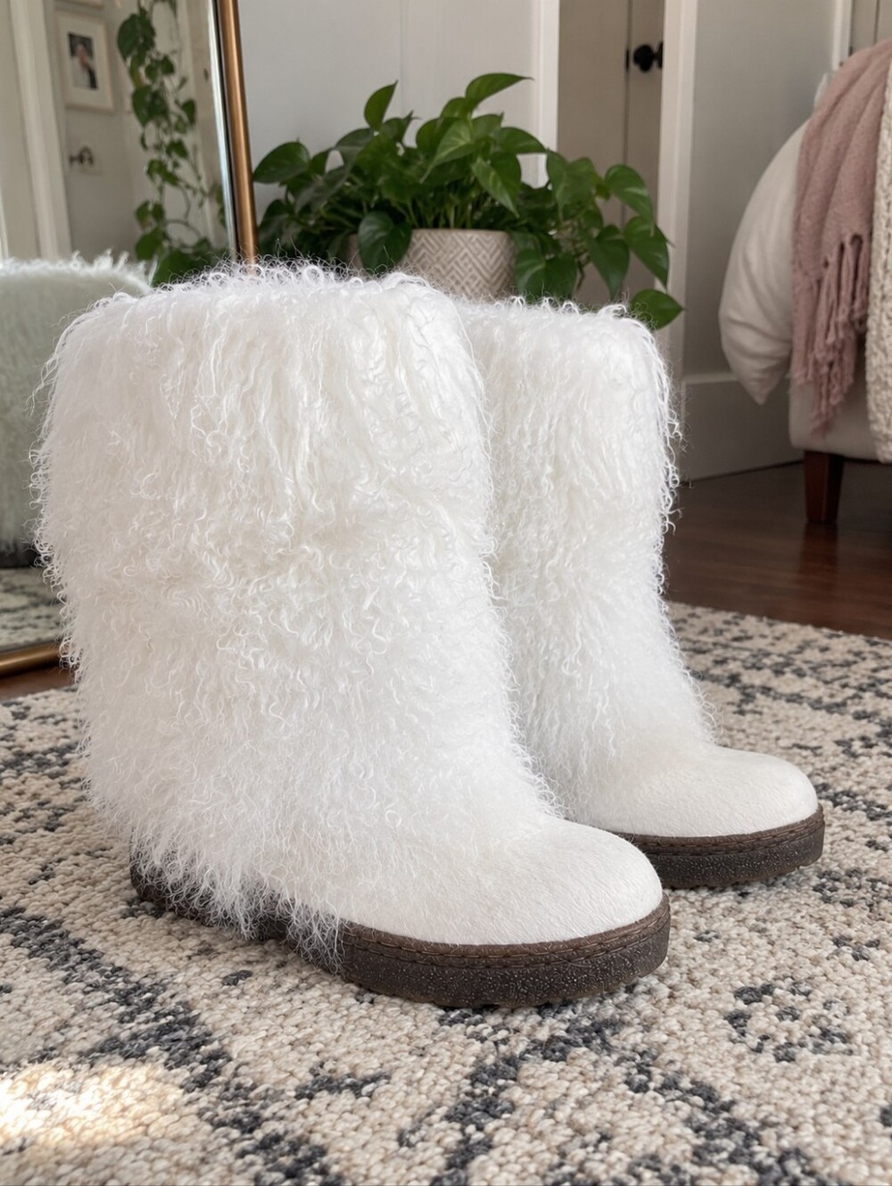Cozy White Faux Fur Decorative Boot Accent